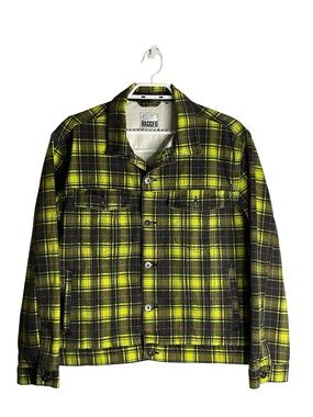 The Ragged Priest Neon Yellow Grunge Streetwear Plaid Button-Up Denim Jacket